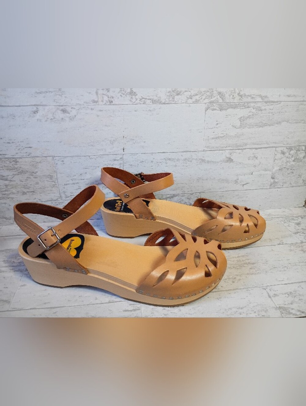 Swedish Hasbeens Wood Clogs Womens 38 Brown Leather Peep Toe Sandals Boho NWOB